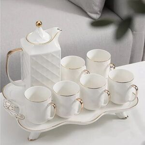 8pcs Ceramic Set Kettle Tea ware  Porcelain Coffee Cup Home Kitchen Coffee Tray